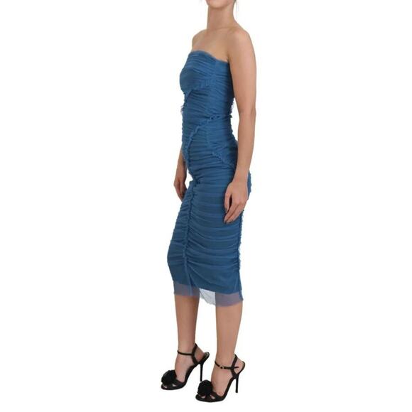 NWT Dolce & Gabbana Blue Tulle Ruched Mesh Bodycon Midi Dress 46 XL - Picture 2 of 11